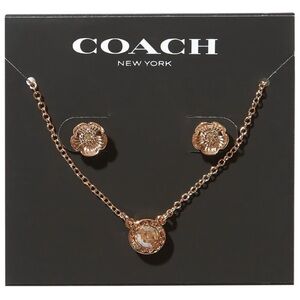 NWOT Coach Signature Stone Tea Rose Earring Studs Necklace 3-Piece Jewelry Set
